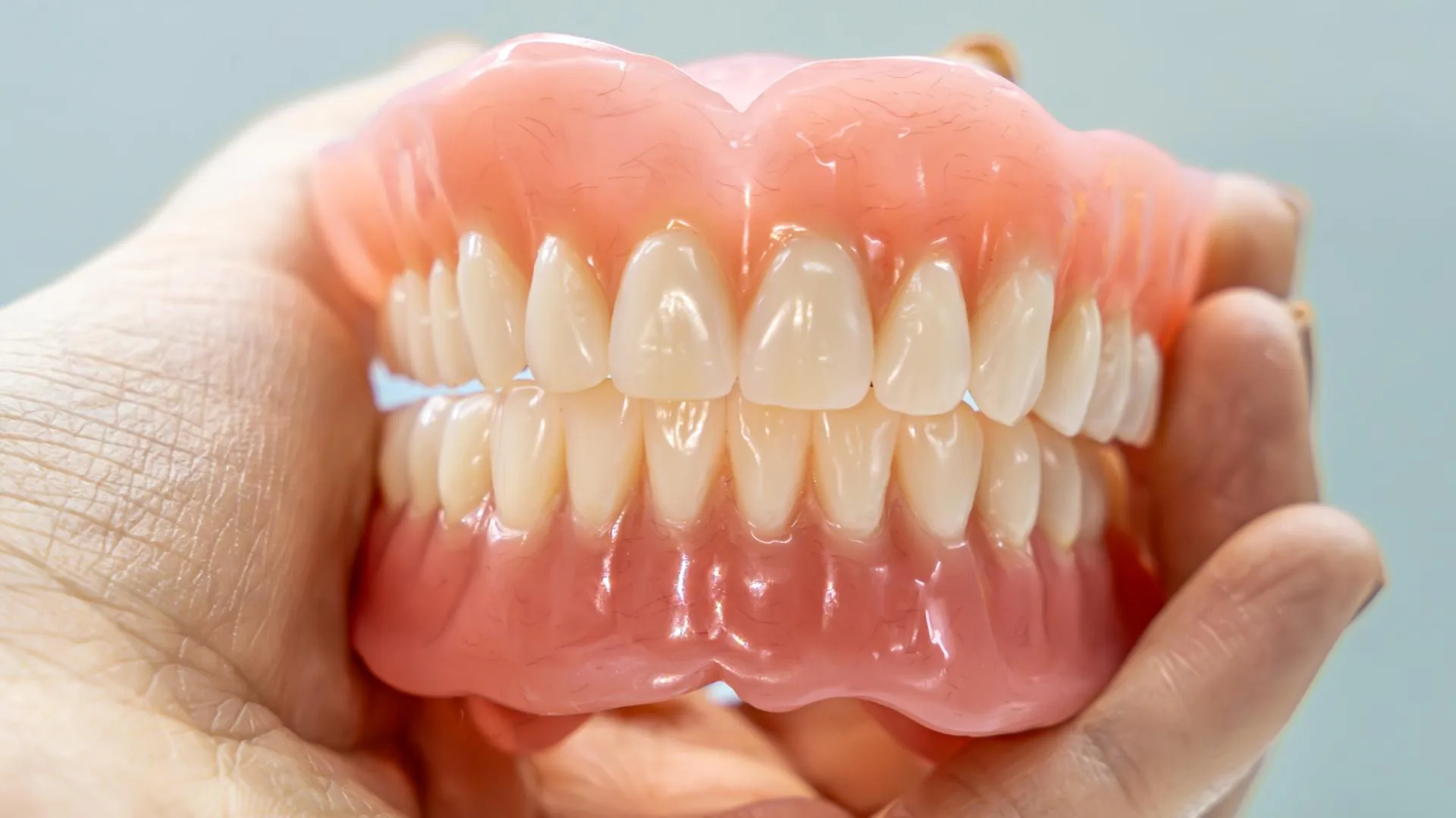 Prótesis dental y encías: dentadura completa sostenida en la mano