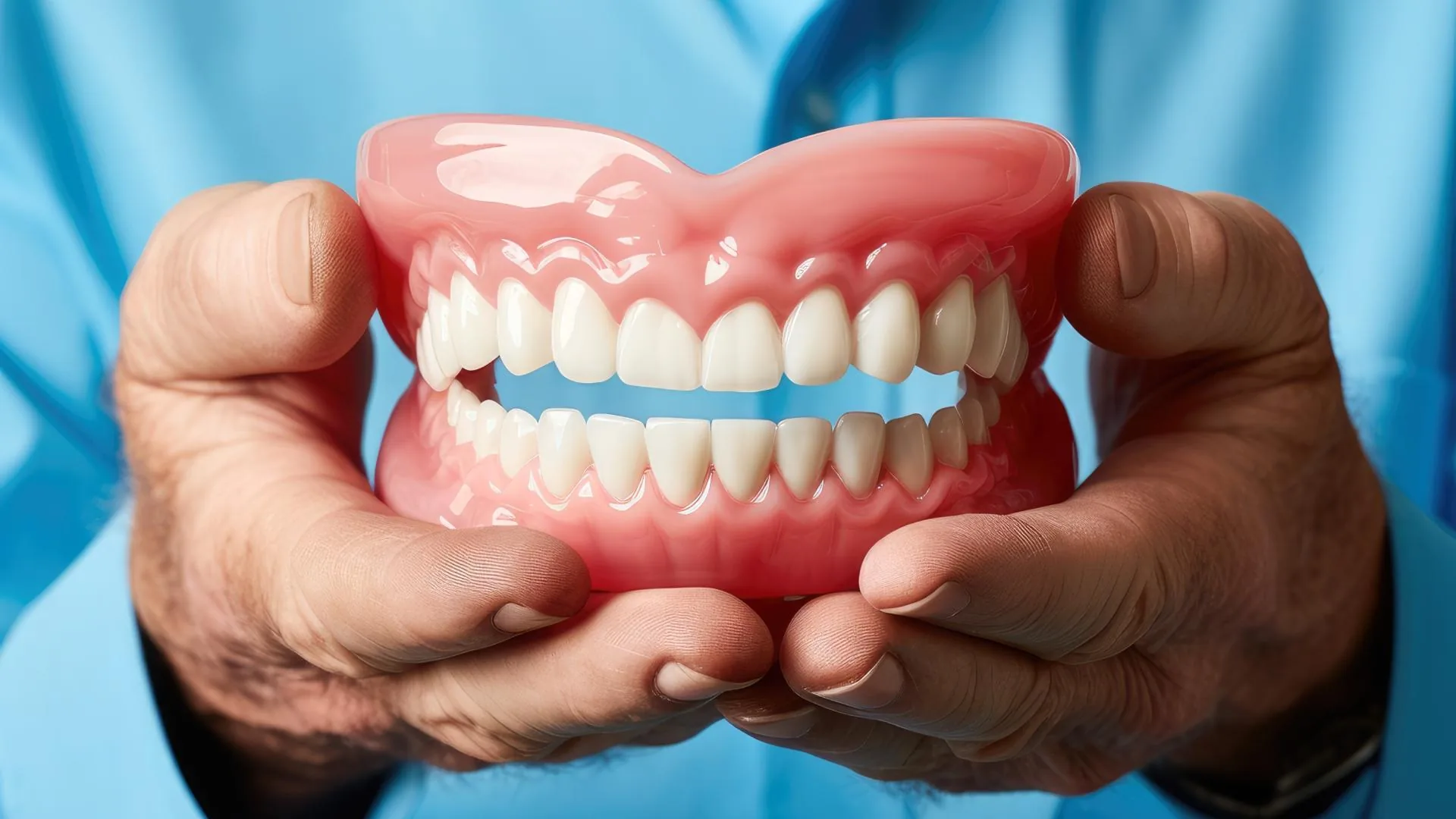 Prótesis dental completa mostrada por un profesional